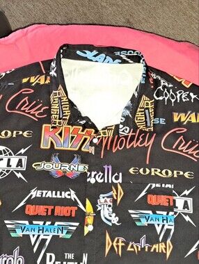 Men's Black Rock Bands Print Button-Down Shirt